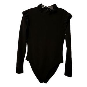 Bodysuit Black longsleeve Ruffles on Shoulders New 17" ptp x 29"L Sz S